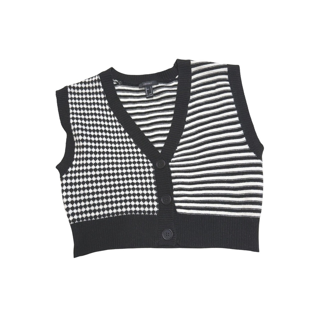 Forever‎ 21 Contrast Patchwork Striped Knit V Neck Sweater Vest S Black White